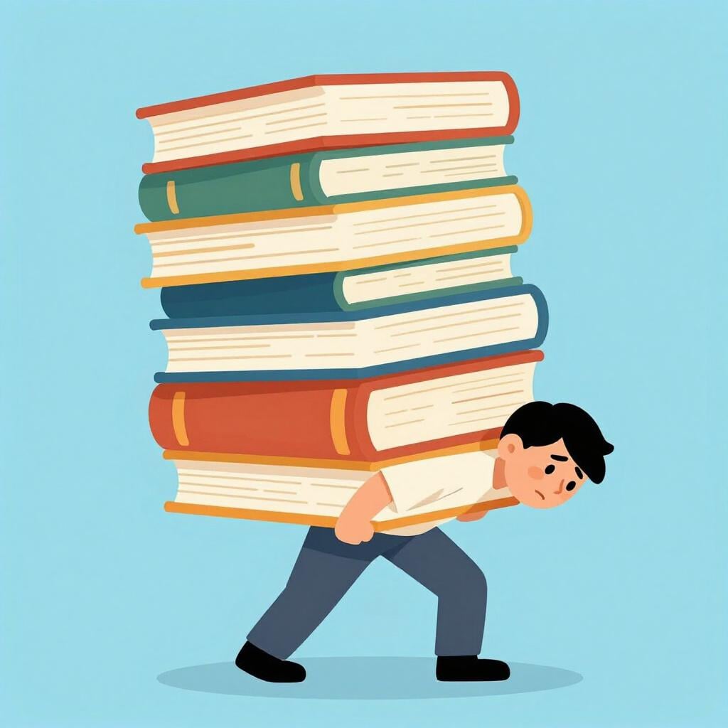 Een persoon die een zeer grote stapel zware boeken draagt, er vermoeid uitzend.