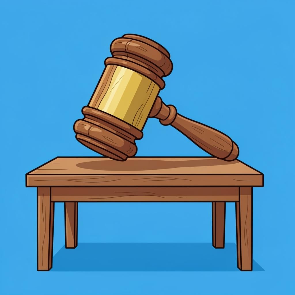 A massive, oversized wooden gavel resting on a courtroom desk.