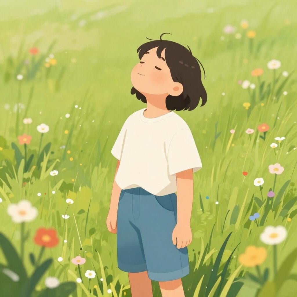 A person standing in a lush green forest with their eyes closed, taking a deep breath of fresh air.