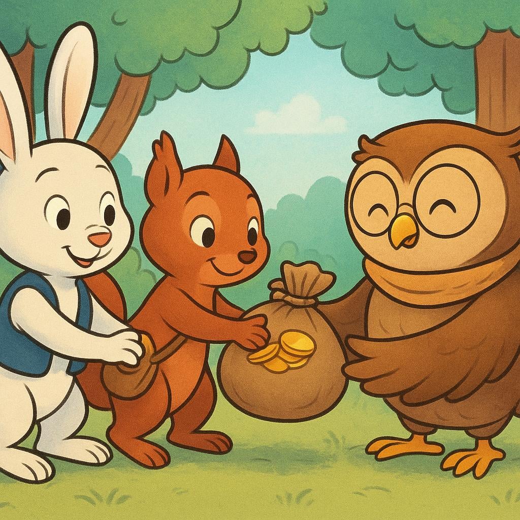 A storybook illustration depicting a rabbit and a squirrel carefully handing a small bag of gold coins to an owl, symbolizing the repayment of something they owed.