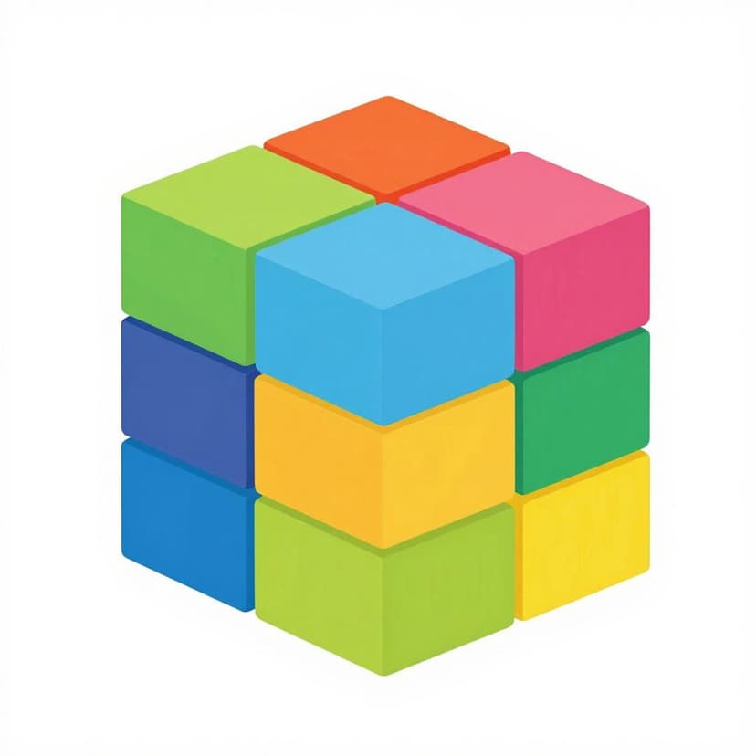 Several colorful wooden building blocks fitting together to form a solid cube.