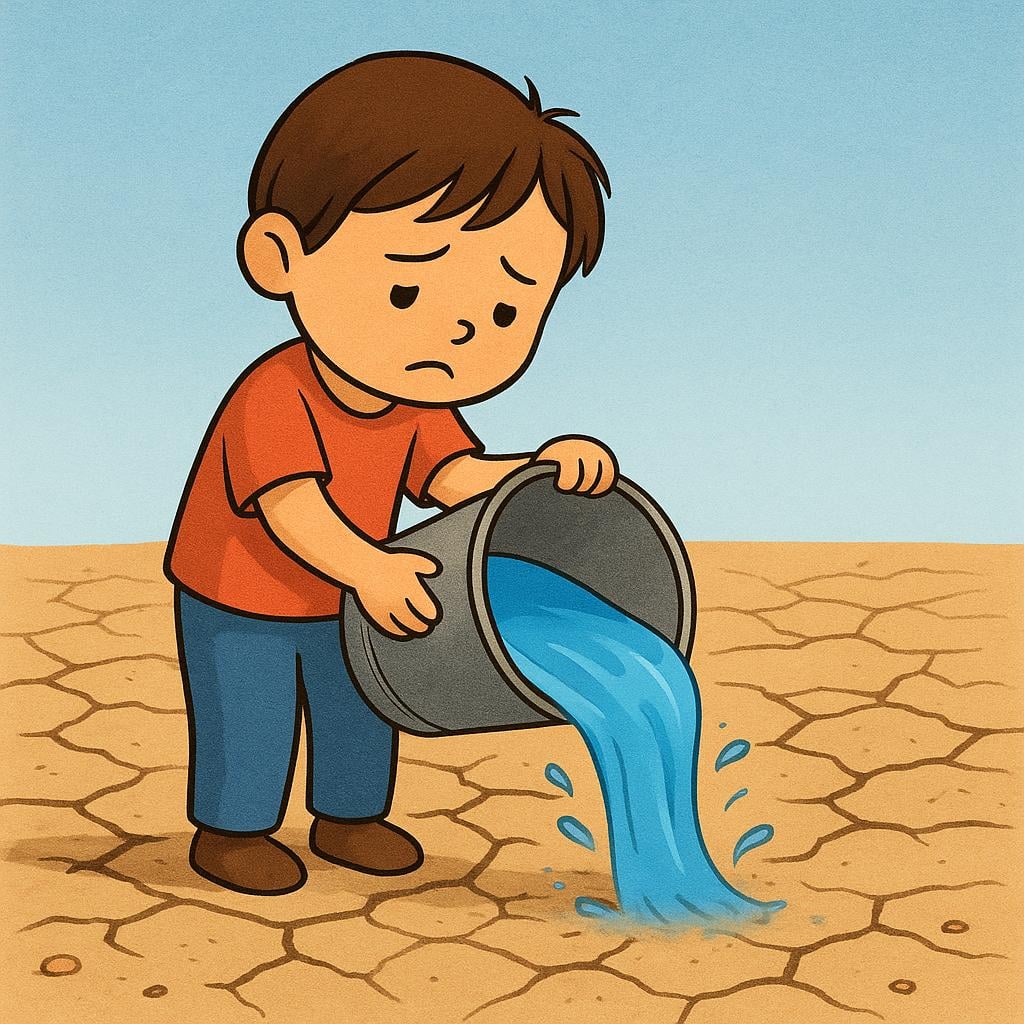 A person pouring a large bucket of water onto extremely dry, cracked ground, watching the water instantly disappear without effect, symbolizing wasted effort.