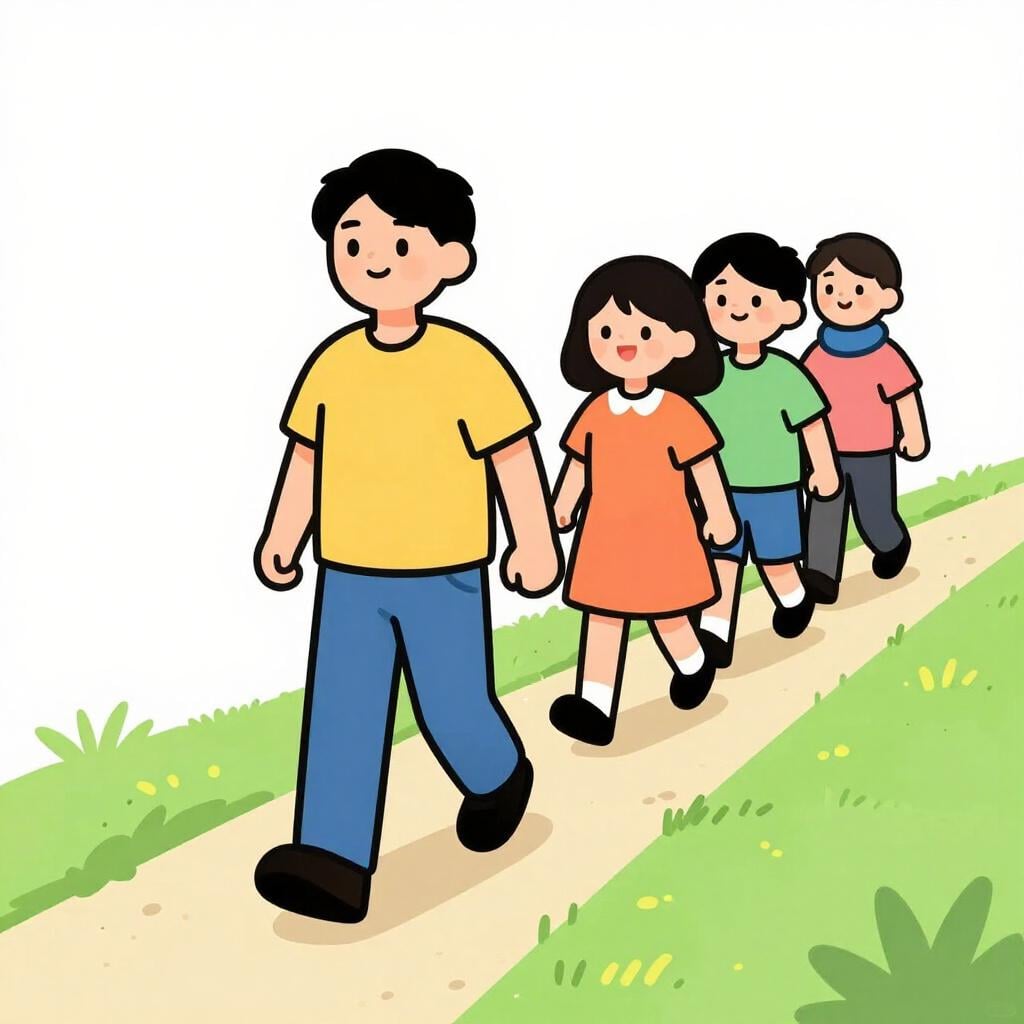A friendly person walking along a path being followed by a group of cheerful people.