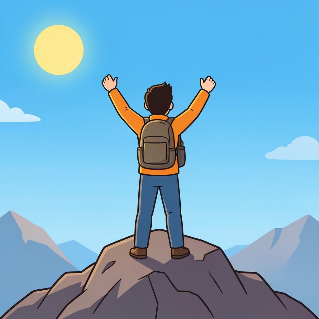 A smiling person standing on top of a mountain peak, raising their arms in triumph under a bright sun.