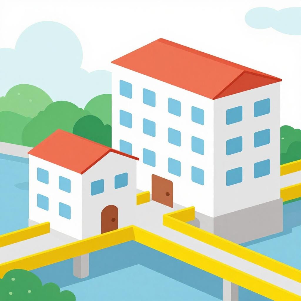 A small red house connected to a large blue building by a sturdy golden bridge.