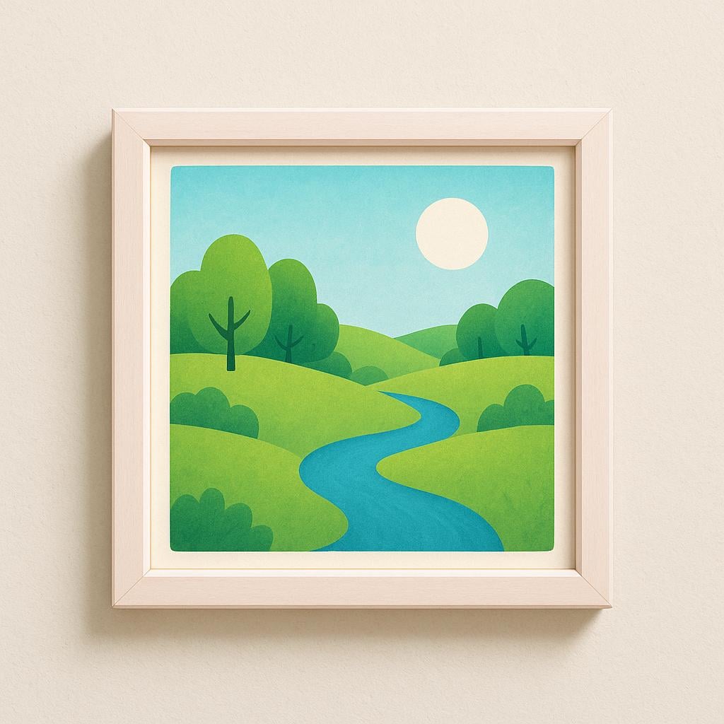 A colorful landscape painting hanging inside a square wooden frame on a plain wall.