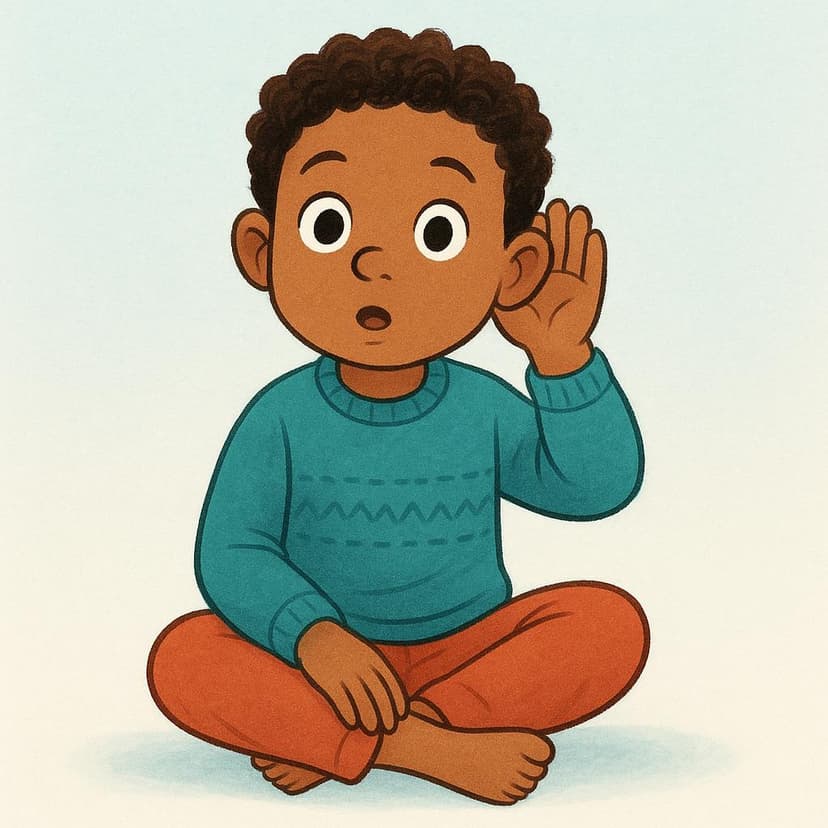 A child sitting still with a focused expression, cupping their hand behind one ear to actively listen to a soft sound.