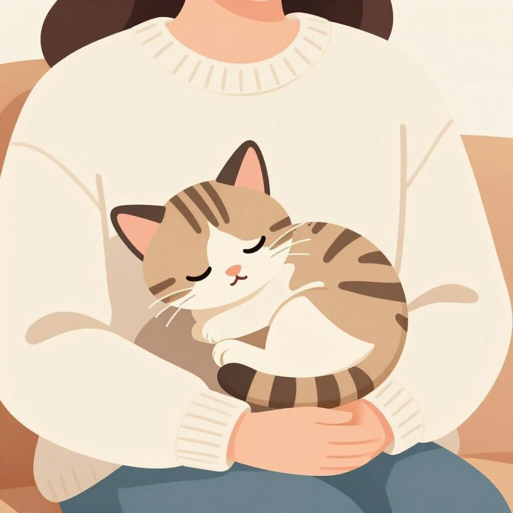 A small kitten sleeping safely tucked into the warm fold of a person's sweater near their chest.