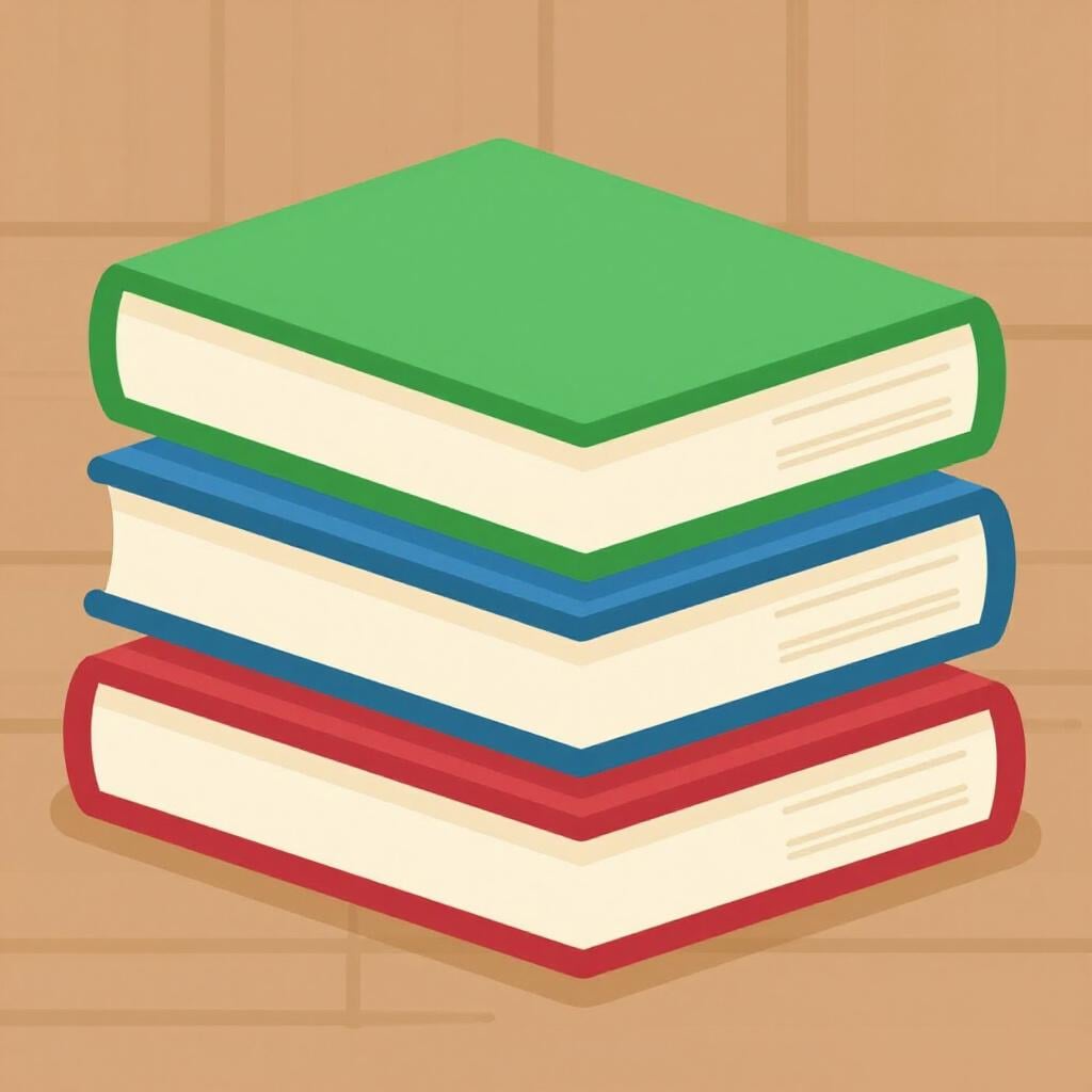 A stack of thick colorful hardcover books on a wooden table.