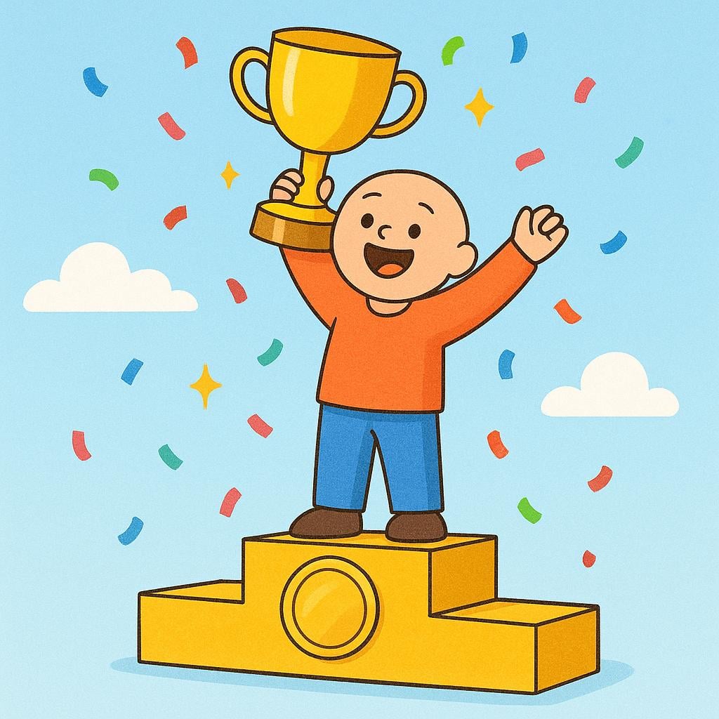 A joyful figure standing on the top tier of a winner's podium, holding a large golden trophy high above their head, surrounded by colorful confetti.