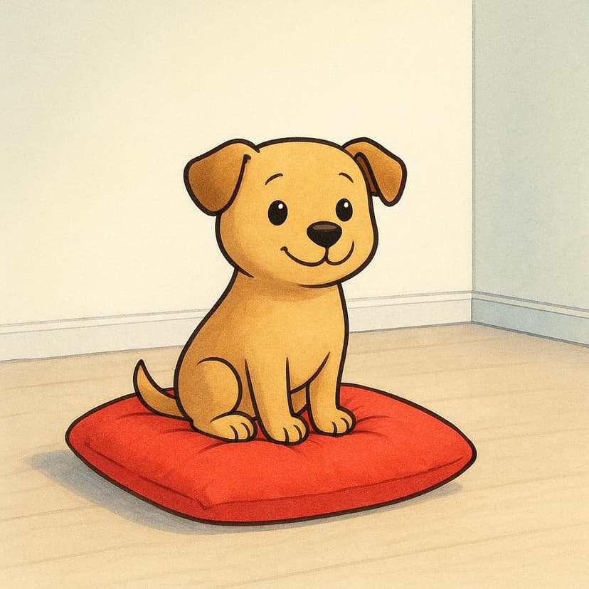 A small, friendly dog sitting patiently on a red cushion in an otherwise empty living room.