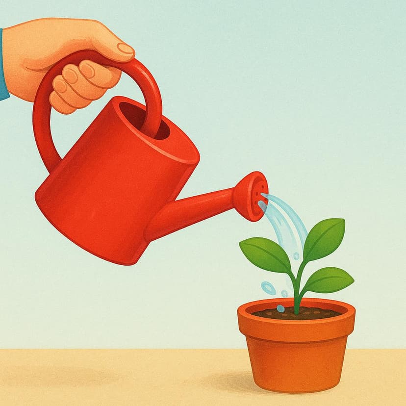A close-up illustration of a hand holding a red watering can and watering a small green potted plant.
