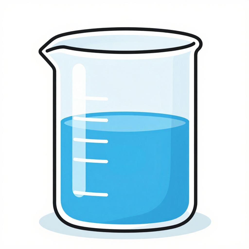 A clear glass laboratory beaker with blue liquid inside showing measurement marks on the side.