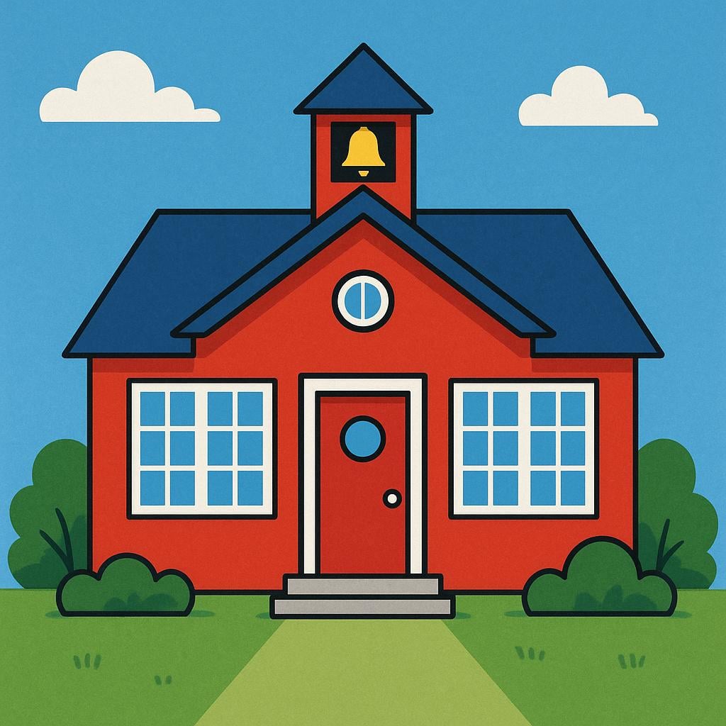 A colorful, simple illustration of a small primary school building with a red roof and green lawn, representing the first stage of education.