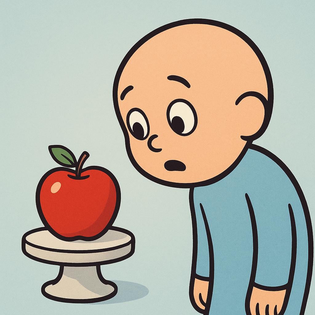A high quality simple colorful storybook illustration of a figure gazing intensely and longingly at a single, vibrant red apple on a pedestal, symbolizing craving.