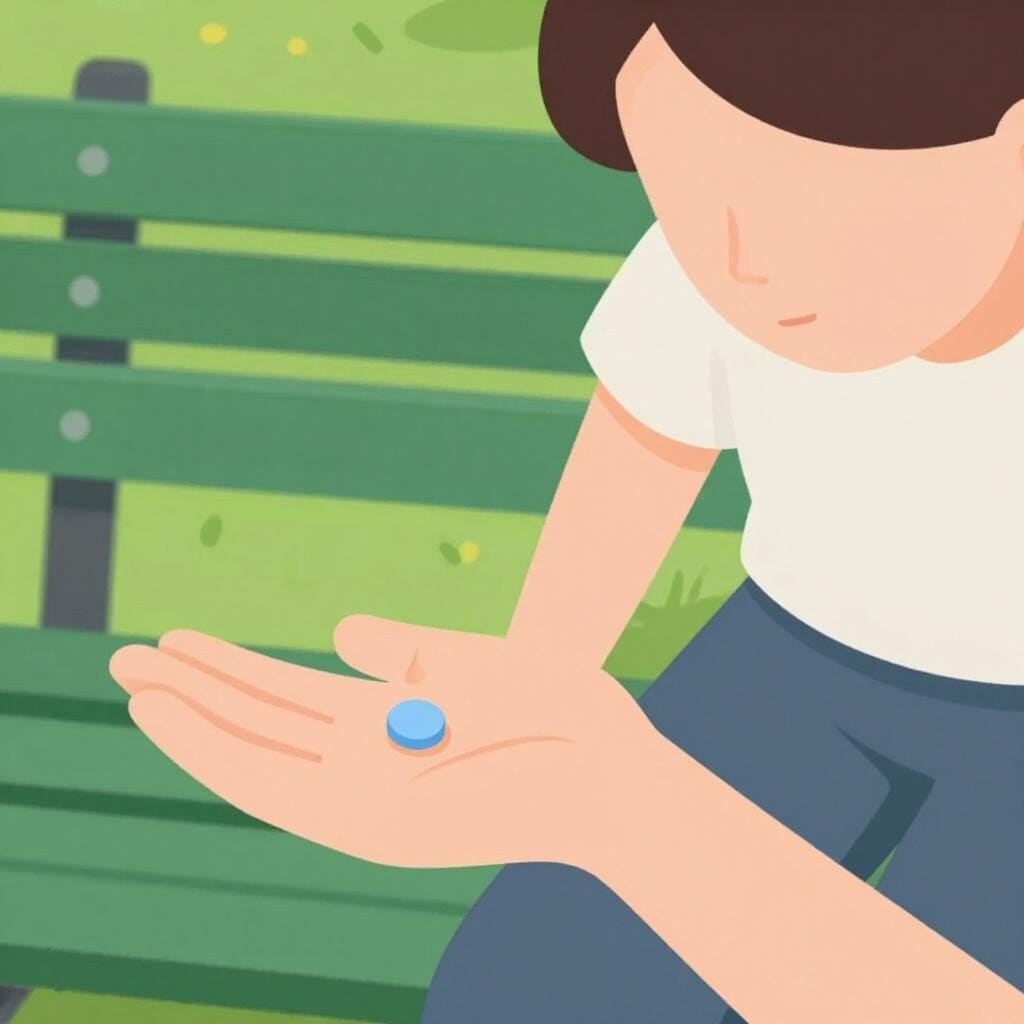 Una persona seduta su una panchina al parco che tiene in mano una piccola pillola medicinale.