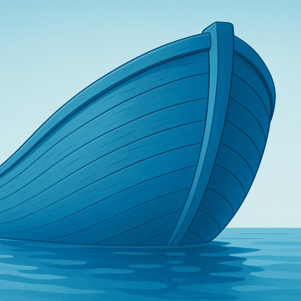 The large, curved, blue wooden hull of a simplified sailing ship floating in calm blue water.