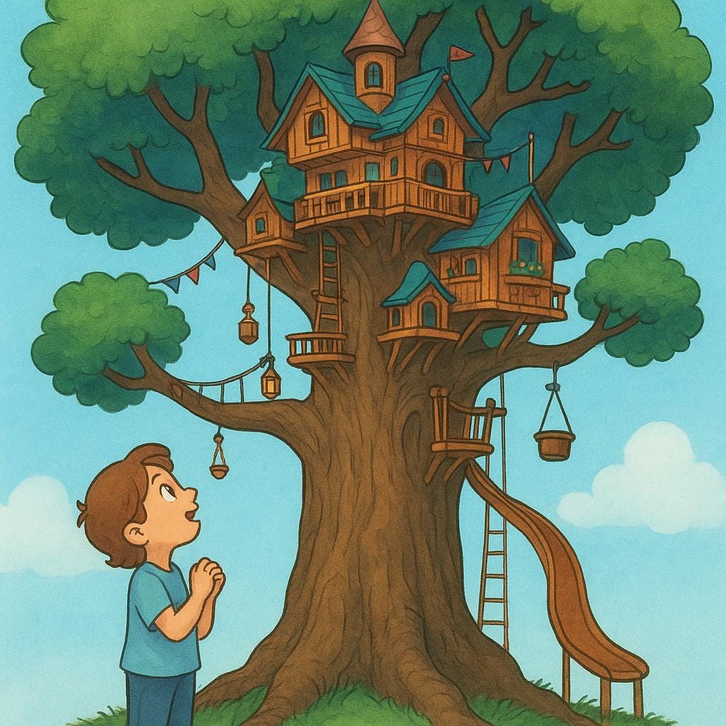 Uma pessoa jovem parada no chão, olhando para cima com um olhar de desejo para uma bela casa na árvore de vários níveis construída no alto dos galhos, retratando um desejo imaginado.