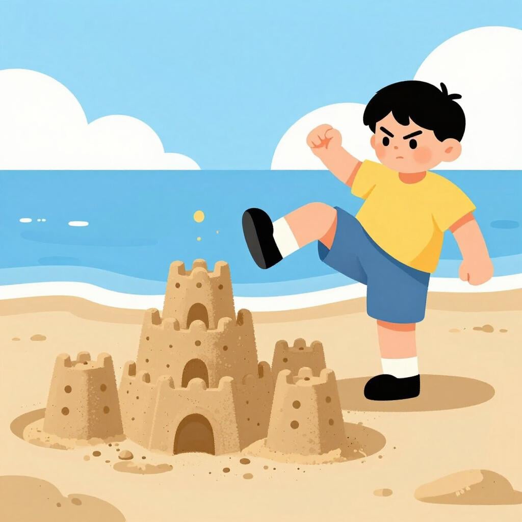 A person intentionally knocking over another person's sandcastle on a beach.