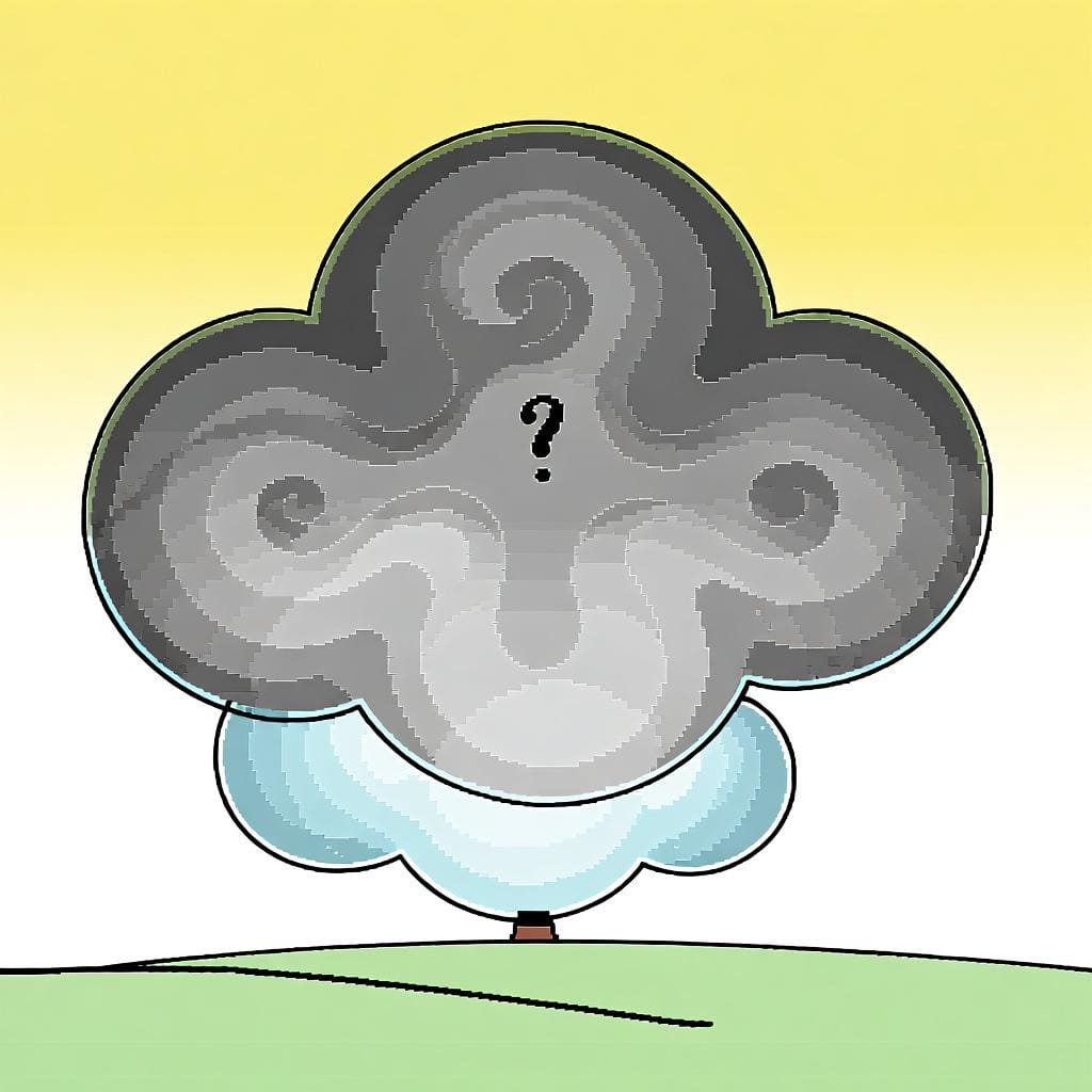 A vast, swirling cloud of indistinct gray mist or fog that obscures everything behind it, representing a vague notion or lack of clarity.