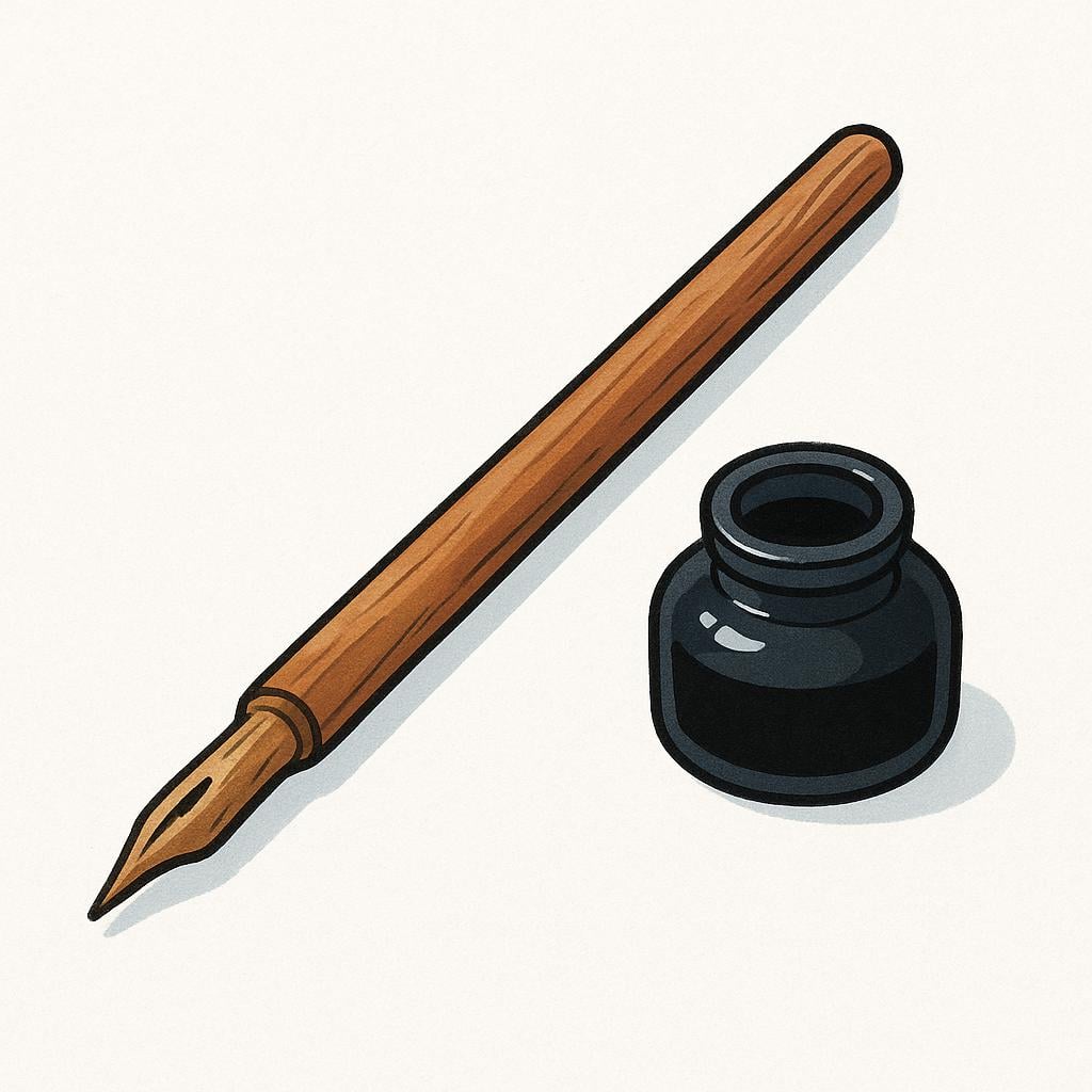 A simple illustration of a traditional reed pen (qalam) used for calligraphy, resting near a small inkwell, symbolizing the Arabic language.
