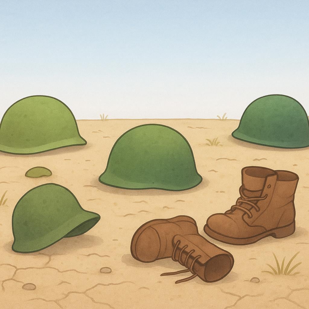 Several abandoned military helmets and boots scattered on a barren ground, symbolizing casualties.
