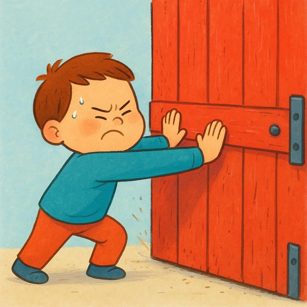 Eine einfache Märchenillustration eines Charakters, der intensiv mit beiden Händen gegen eine schwere, klemmende rote Holztür drückt und sich anstrengt, sie aufzuzwingen.