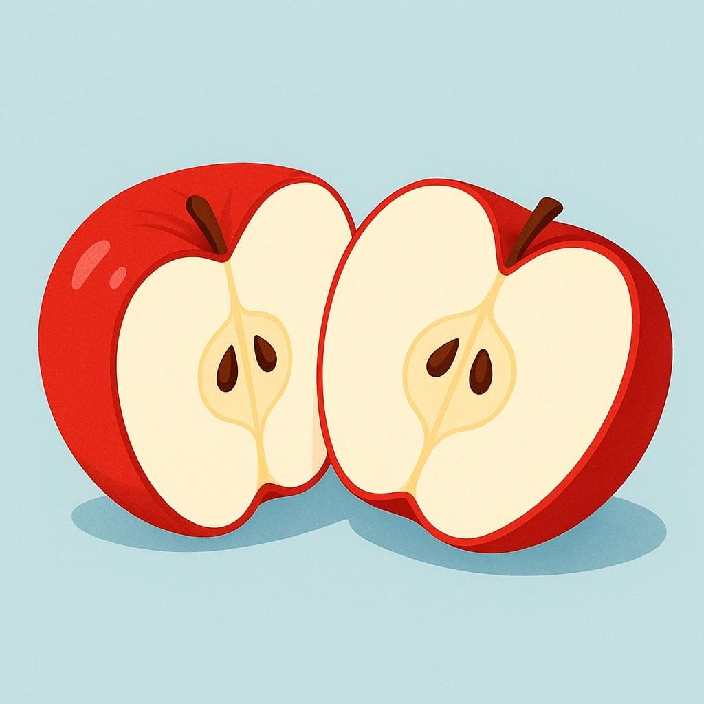 A bright red apple that has been cleanly sliced in half, resting on a surface.