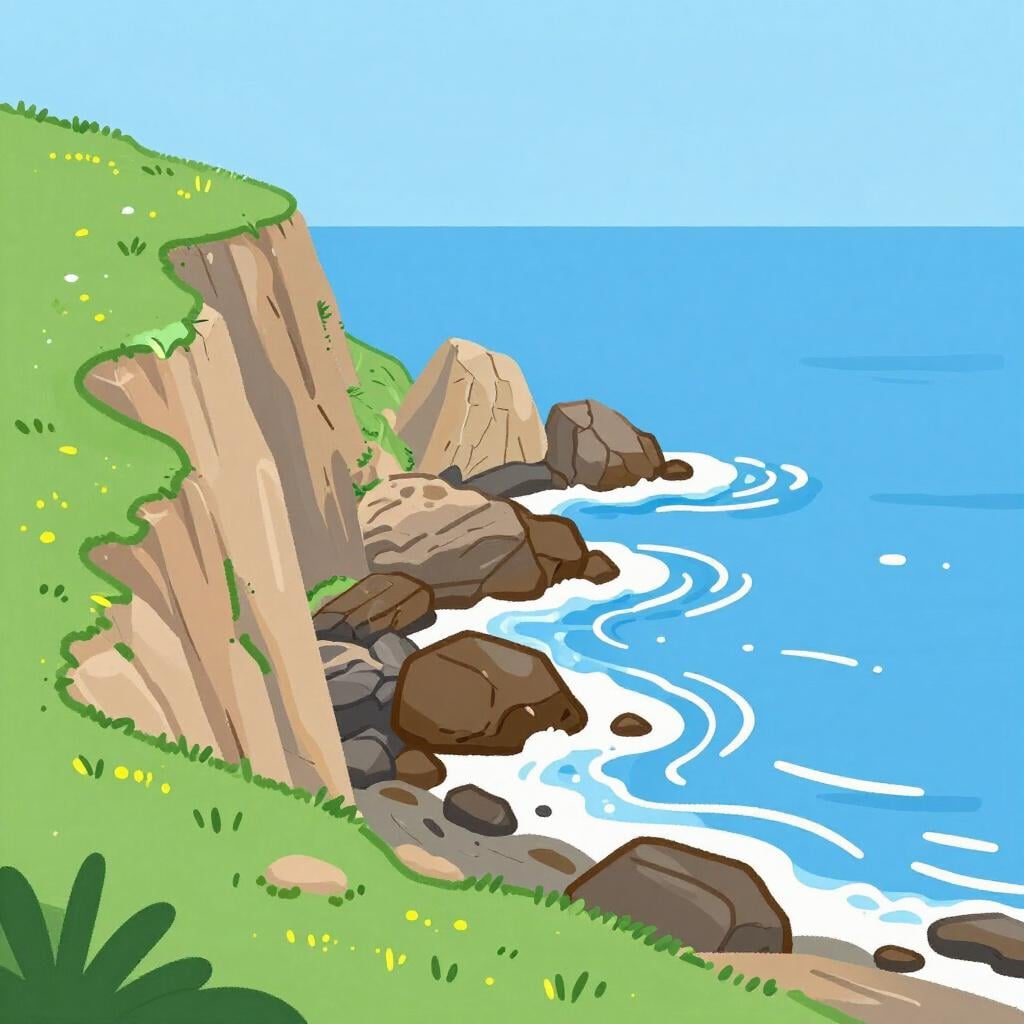 緑豊かな崖と白い波が打ち寄せる深い青色の海が出会う、風光明媚な景色。