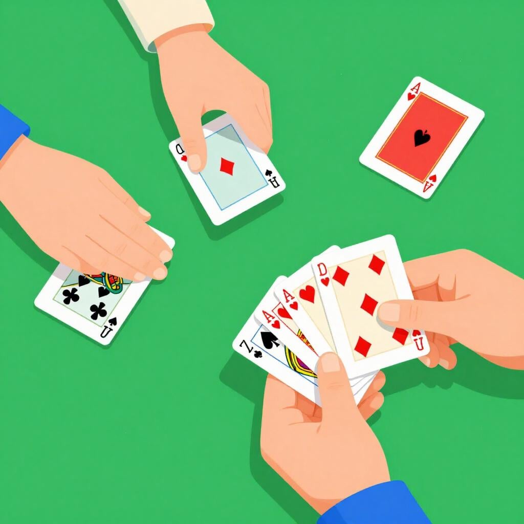 Uma pessoa sentada a uma mesa verde de feltro distribuindo cartas de jogar.