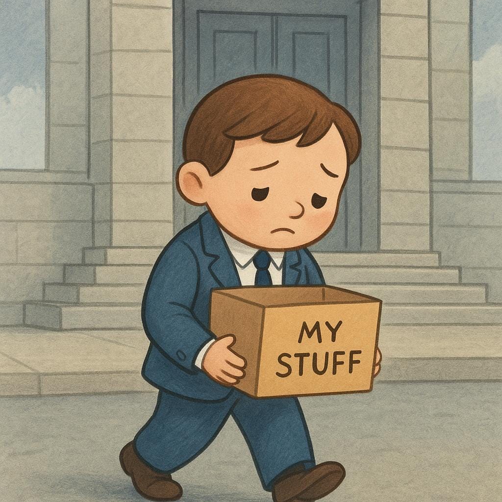 A simple, sad-looking character carrying a small cardboard box of personal belongings, walking away from a large office building entrance.