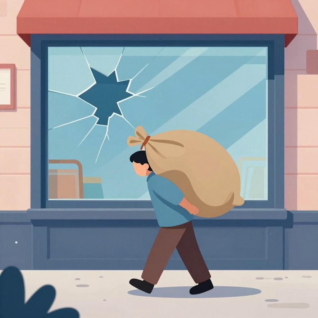 A silhouette of a person carrying a heavy sack out of a broken storefront window in a dark city street.