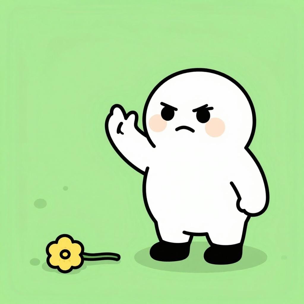 Um personagem mal-humorado acenando com a mão em desdém para uma pequena flor murcha.