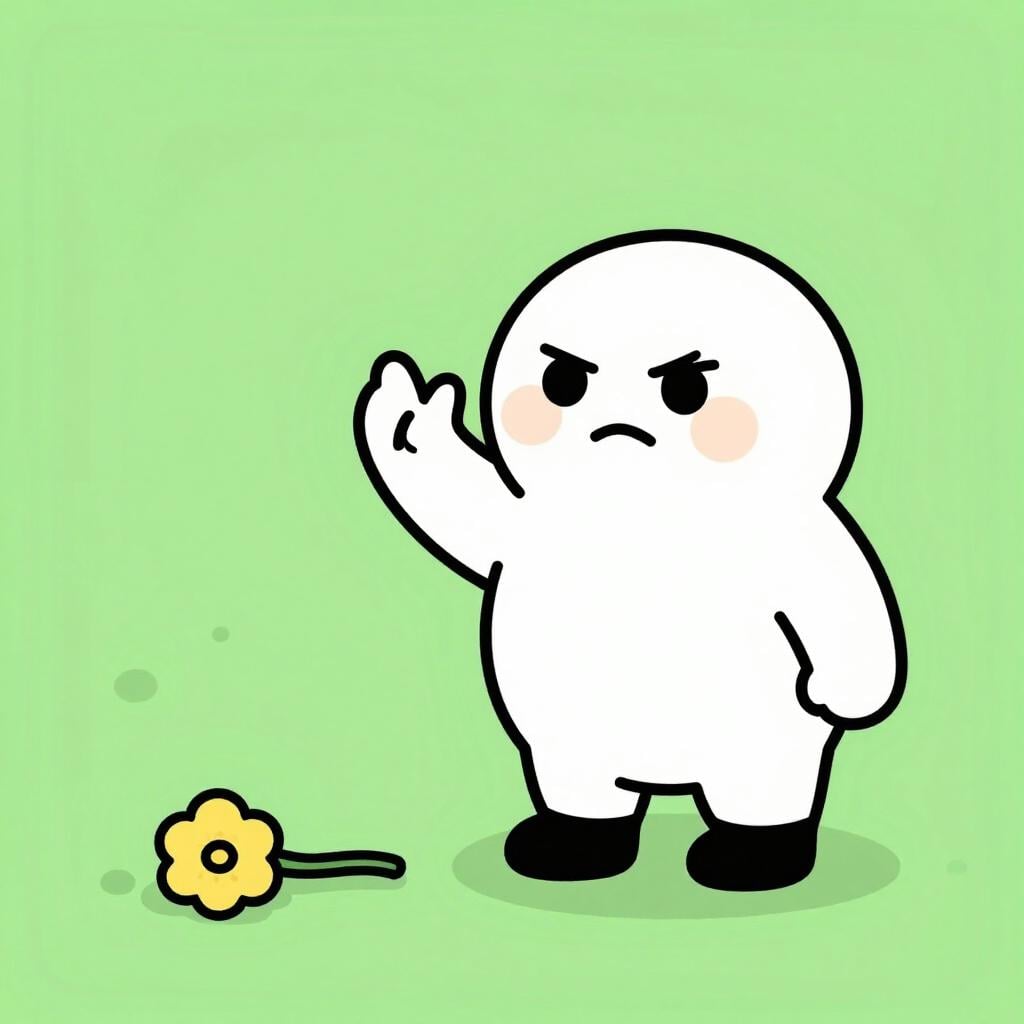 Um personagem mal-humorado acenando com a mão em desdém para uma pequena flor murcha.