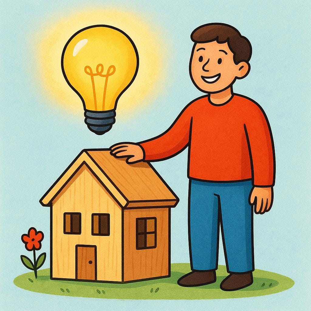A happy person standing next to a perfectly built, simple wooden toy house, with a bright, glowing lightbulb floating above it, symbolizing a successful plan or idea.