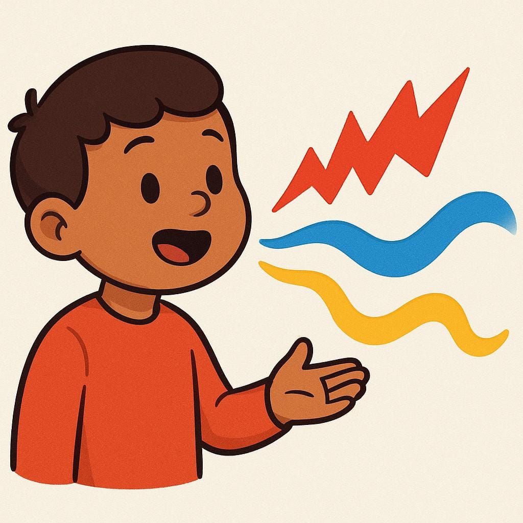 An illustration of a person whose speech is represented by three different types of sound waves—jagged red, smooth blue, and wavy yellow—to symbolize different manners or styles of speaking.