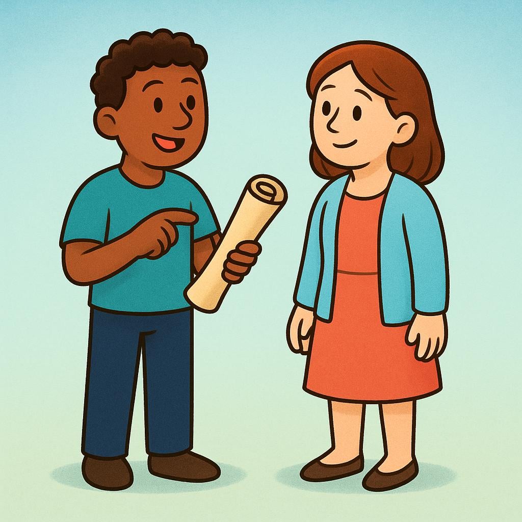 Two simple figures standing side-by-side. One figure is showing a piece of paper with a drawing to the other, who is listening carefully.