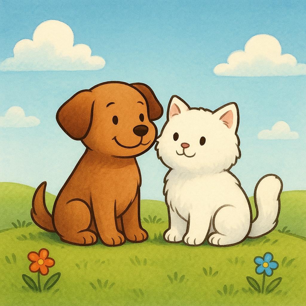 A simple illustration showing a brown dog and a white cat sitting closely together on a grassy hill, looking in the same direction, symbolizing shared feelings and connection.