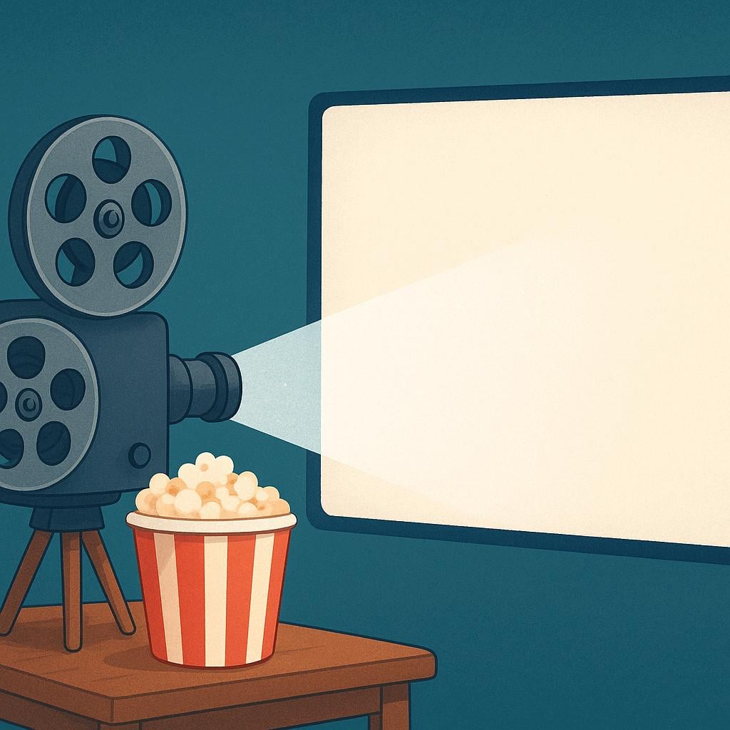 A brightly illustrated scene showing a vintage film projector casting a light beam onto a blank movie screen, with a full bucket of popcorn sitting on the floor.
