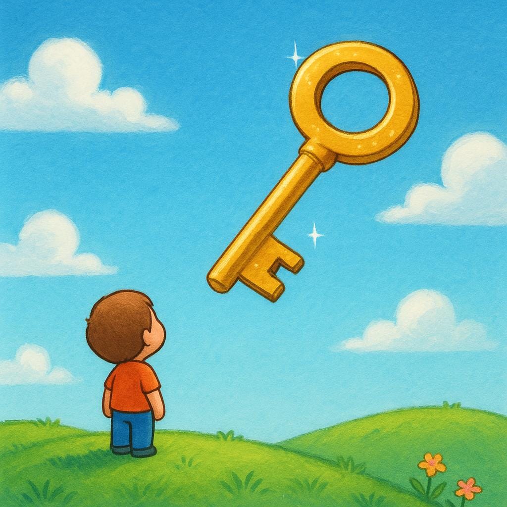 A small figure standing on a grassy hill, looking up eagerly at a large, glittering golden key floating in the bright sky, symbolizing future goals and ambitions.
