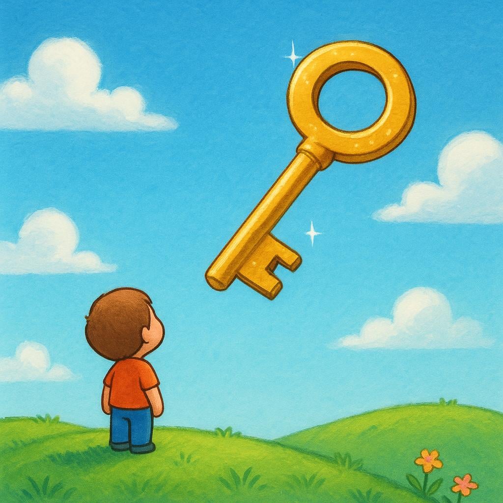 A small figure standing on a grassy hill, looking up eagerly at a large, glittering golden key floating in the bright sky, symbolizing future goals and ambitions.