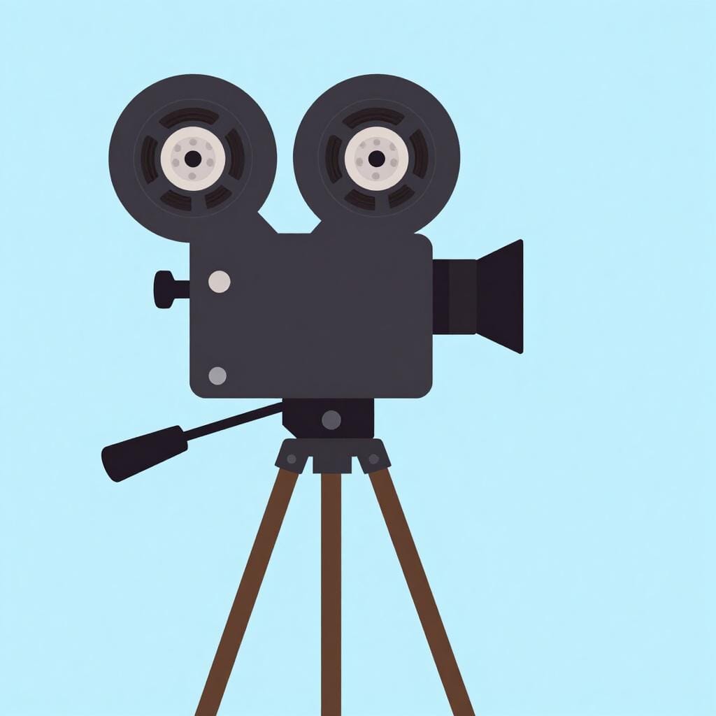 Une caméra de cinéma classique sur un trépied à côté d'une grande bobine de pellicule.