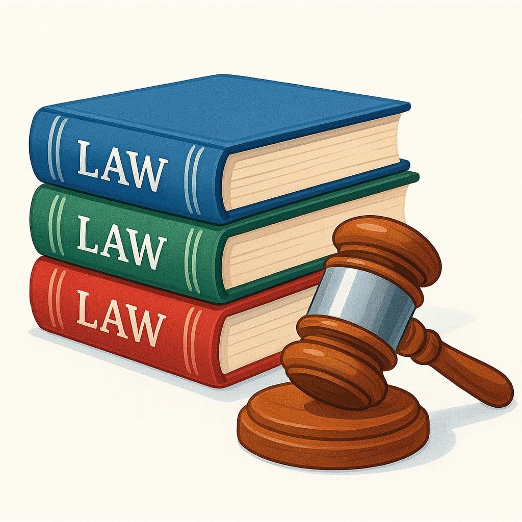 A wooden judge's gavel resting next to a stack of three large law books, symbolizing law and crime.