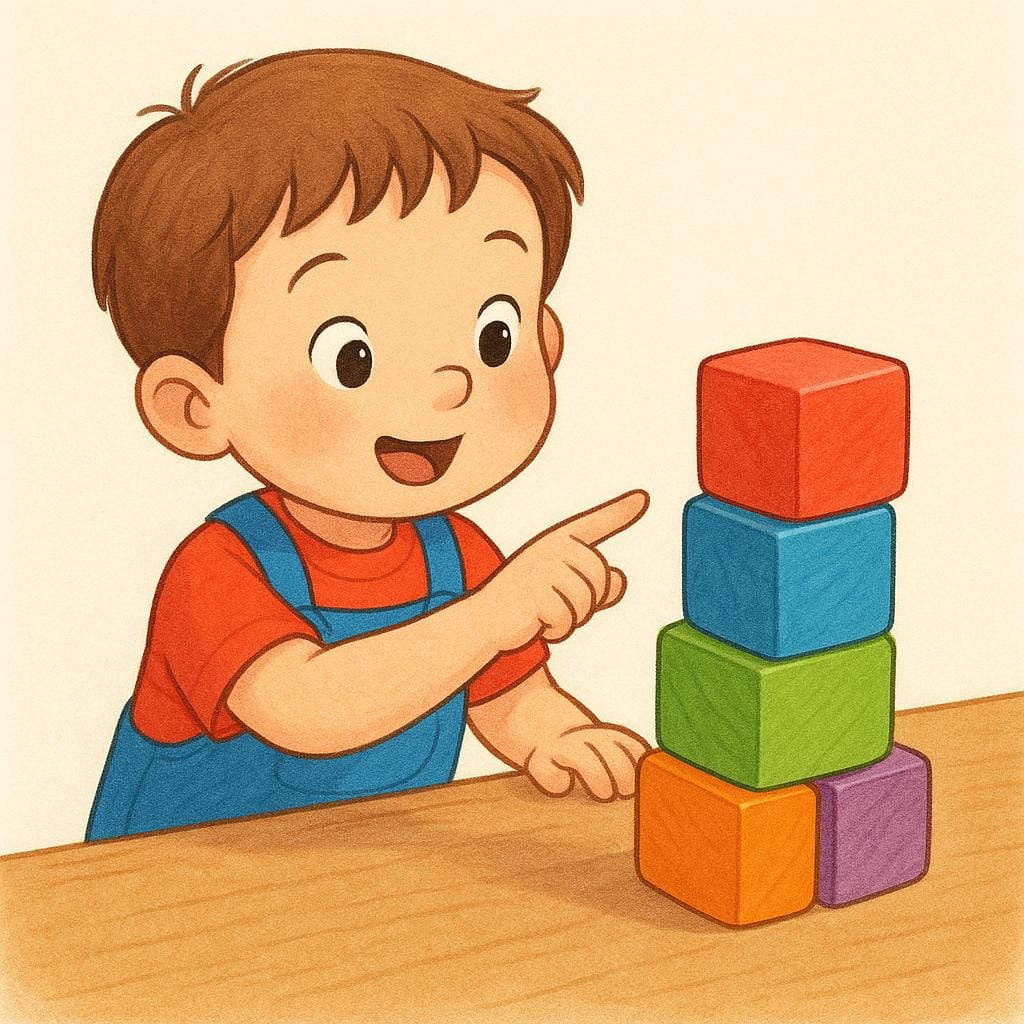 A young child with bright clothing pointing at a pile of five large, colorful wooden blocks on a table, illustrating the act of counting.