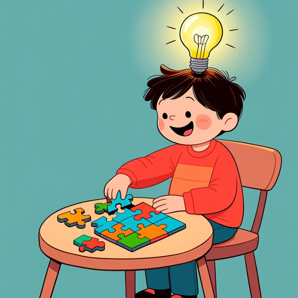 A colorful illustration of a child successfully placing the final piece of a complex jigsaw puzzle, with a small, bright lightbulb illuminating above their head, symbolizing cleverness and intelligence.