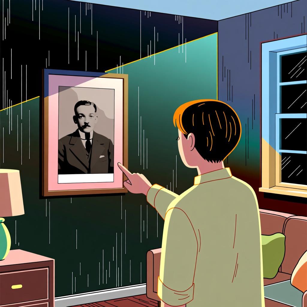 A person looking at an old black-and-white photo of themselves as a child, pointing to it.