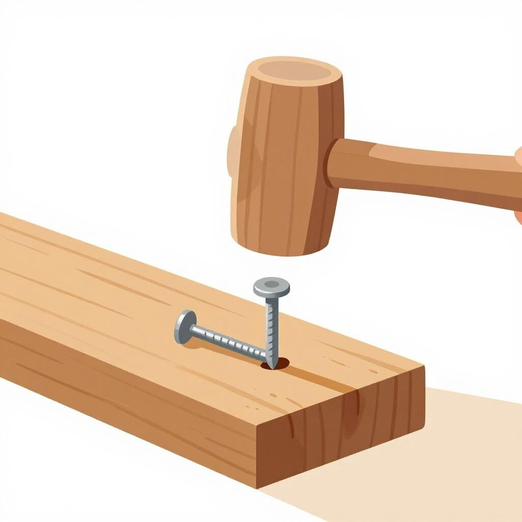 En färgglad illustration som visar en spik som hamras in i en träbit.