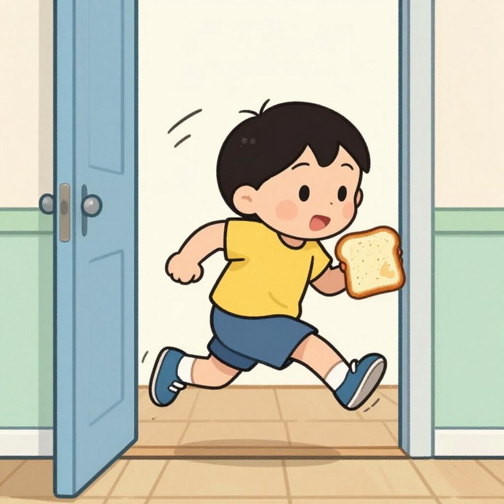 Uma criança correndo com um sapato e um pedaço de torrada pela metade, parecendo apressada.