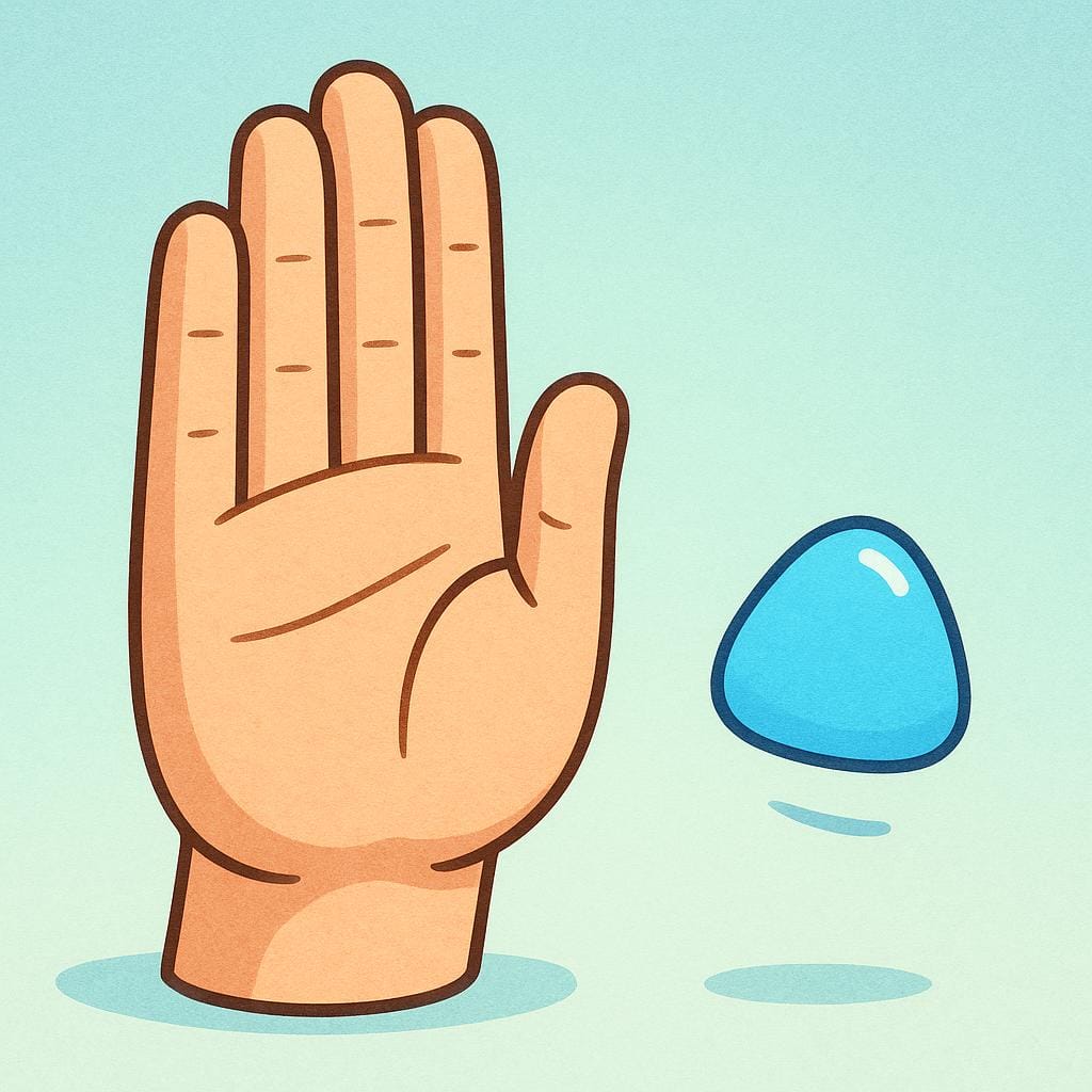 A large, open human hand raised vertically with the palm facing forward, acting as a clear stopping barrier against a small, approaching abstract shape.