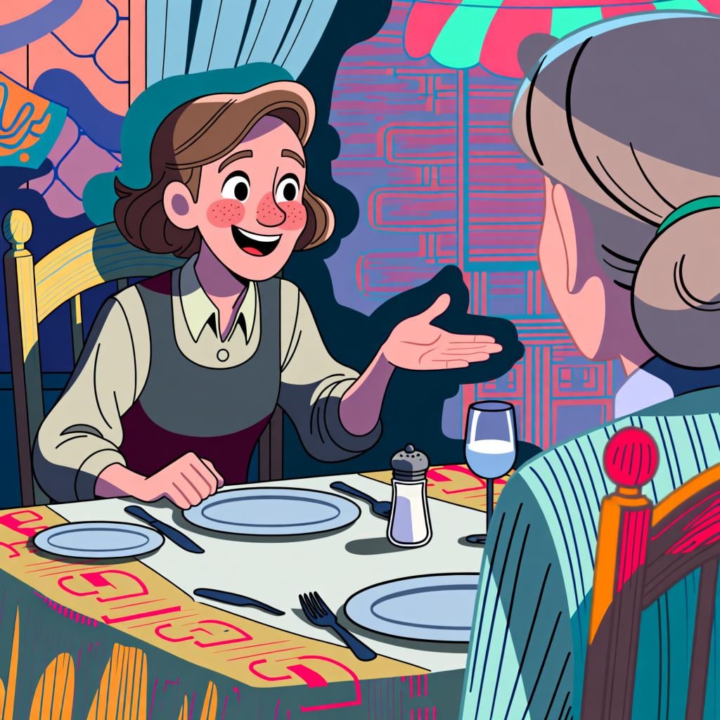 A person at a dinner table smiling and politely gesturing toward a salt shaker, which is closer to the person sitting across from them.